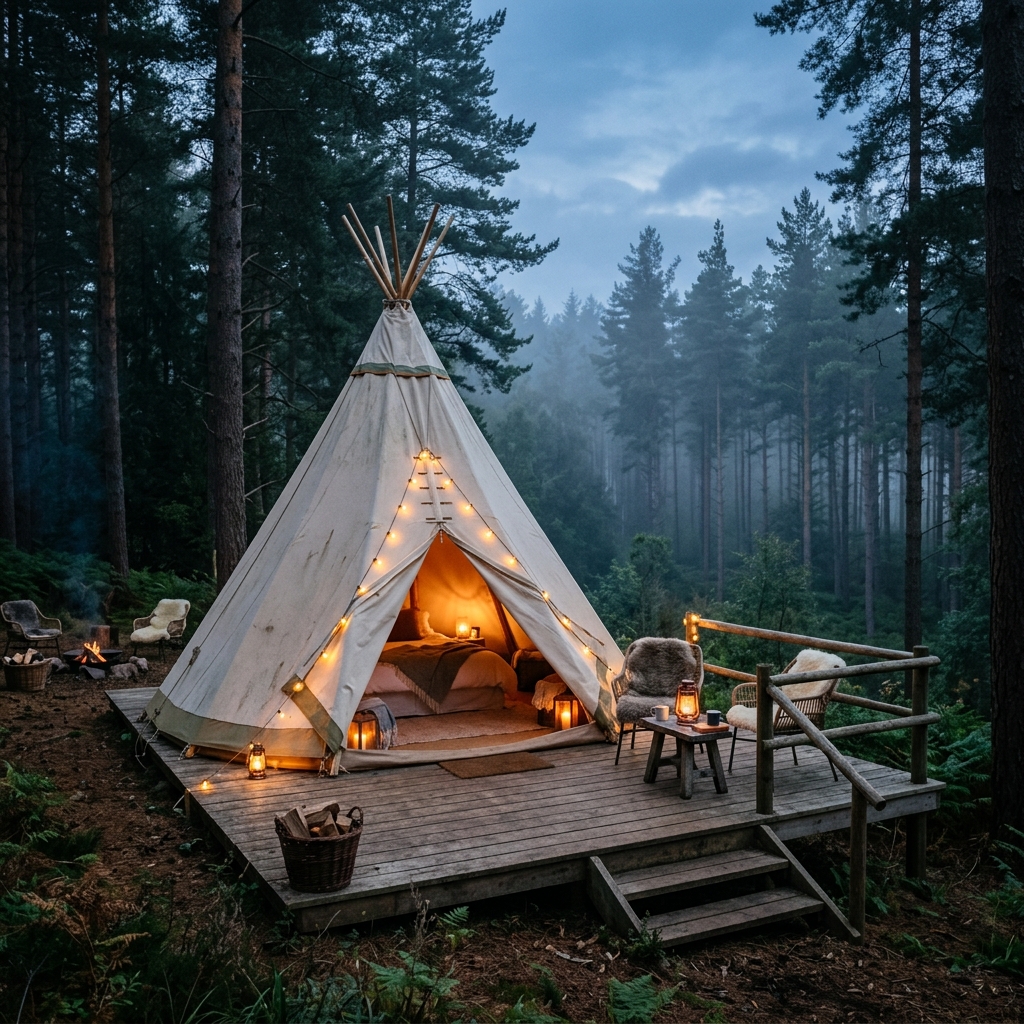 Luxe Forest Teepee glowing at twilight